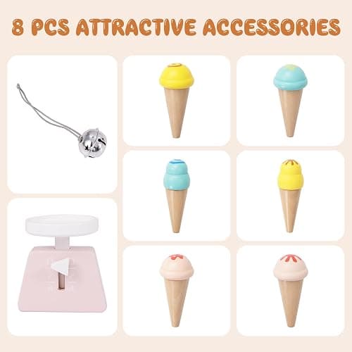 HONEY JOY Kids Ice Cream Cart, Wooden Grocery Store Playset w/6 Pieces Play Food, Realistic Bell & Food Scale, Chalkboard, Pretend Play Dessert Shop Counter Stand Truck, Gift for Boys Girls thumbnail 9