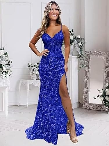 kilusoft Sparkly Sequin Mermaid Prom Dress Long for Women Spaghetti Straps Corset Lace Backless Formal Evening Party Gowns thumbnail 4