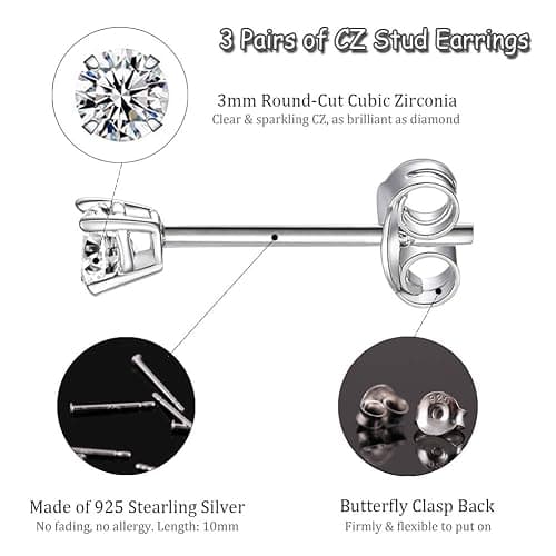 EPIRORA Sterling Silver Stud Earrings for Women Men- 3 Pairs 3mm Tiny Ball Stud Earrings Round CZ Earrings Pearl Earrings Set Cartilage Small Tragus Earrings thumbnail 2