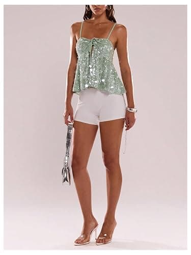 MakeMeChic Women's Sequin Cami Top Ruffle Sparkly Tie Front Split Party Club Tops thumbnail 5