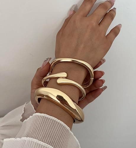 Chunky Gold Bangle Bracelets for Women, Dainty 14k Gold Plated Big Stackable Bangles Set, Trendy Statement Cuff Bracelet Stack Fashion Jewelry Christmas Gifts thumbnail 5