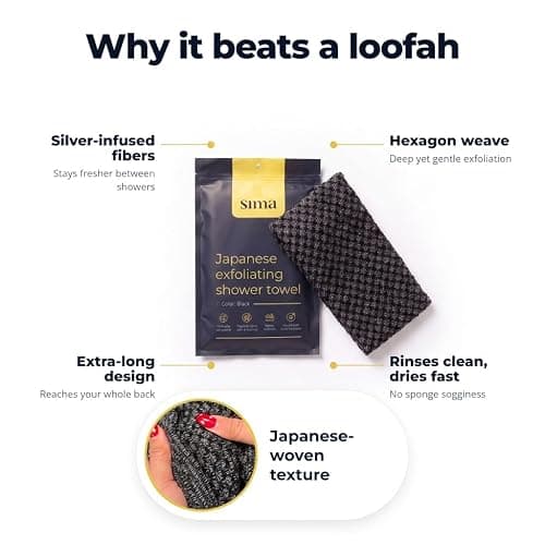 Sima Brand Exfoliating Washcloth Face & Body Scrub Towel - Japanese Exfoliating Towel with Hexagon Fibers, Body Scrubber with 2 Sides for Scrubbing & Washing, Extra Long Body Towels (Black) | Japanese Exfoliating Washcloth with Hexagon Fibers, 2 Sides for Scrubbing & Washing, Extra Long Bath Towel thumbnail 2