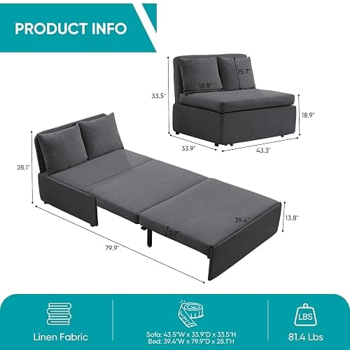 BALUS 43"W Twin Pull Out Sofa Bed Sleeper Couch with Pullout Beds, 2 in 1 Convertible Linen Sleepers Sofa Single Chair with Pillows and 3.9" Foldable Mattress for Small Space Apartment Loft, Dark Grey thumbnail 3