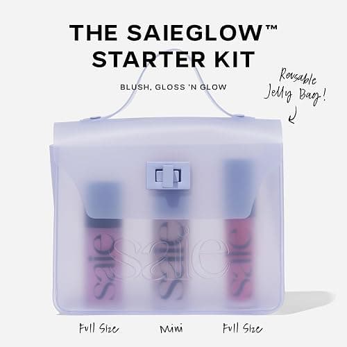 Saie SaieGlow Starter Makeup Kit - Glowy Super Gel in Roseglow, Dew Blush in Baby, and Glossybounce Lip Gloss in Play - Summer Essentials Makeup Set in a Mini Reusable Jelly Travel Bag (3 Count) thumbnail 4