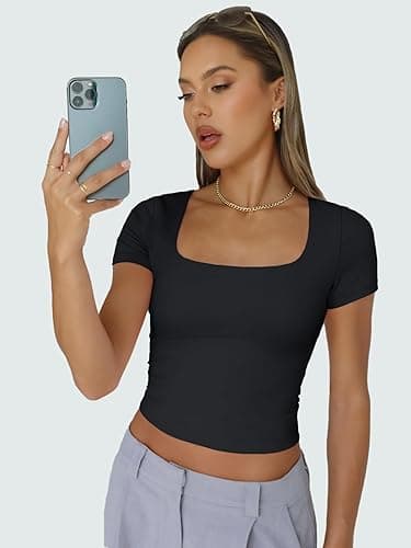 Trendy Queen Tshirts Shirts for Women Double Lined Going Out Crop Tops 2025 Spring Summer Workout Y2k Clothes Beach Fashion - Small - Black thumbnail 5