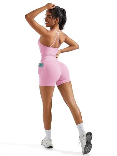 OMKAGI 2 Piece Workout Sets for Women Padded Sports Bra Tank Booty Gym Shorts with Pockets thumbnail 2