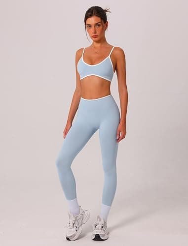 ABOCIW Womens 2 Piece Workout Sets Seamless Color Block Sports Bra Scrunch Butt Lifting High Waist Leggings Gym Set thumbnail 3