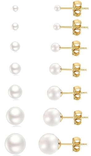 14K Gold Filled Polished Small CZ Pearl Ball Stud Earrings Set for Women Men 20G Surgical Steel Hypoallergenic Piercing Studs for Sensitive Ear, Pack of 6 Pairs - Image 1