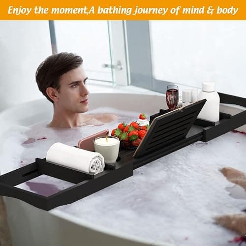 Bamboo Bathtub Tray for Luxury Bathroom, Expandable Premium Bath Tray w/Soap Towel Book Holder, Adjustable Bath Accessories for Tub,Extendable Tub Tray with Wine Glass Cup Organizer 29.5"-43.3" Black thumbnail 6