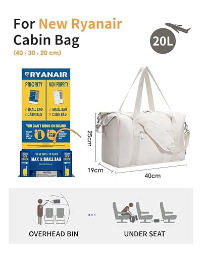 Narwey Ryanair Handgepäck 40x20x25 Ryanair Handgepäck Tasche 40x30x20 Reisetasche Handgepäck Faltbare Wasserfeste Weekender Gym Travel Bag für Damen Herren (Beige) thumbnail 3