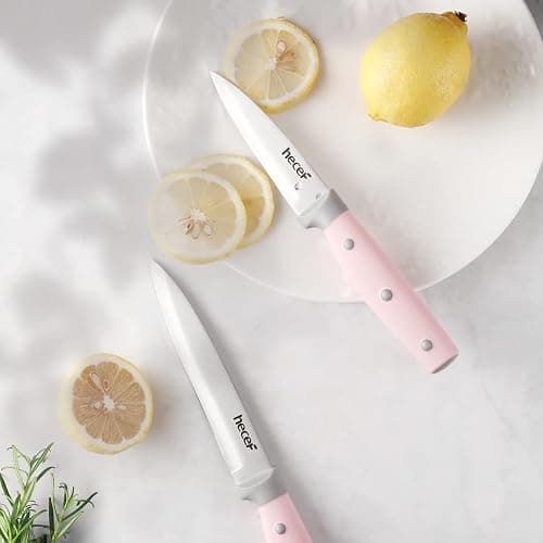 hecef Kitchen Knife Block Set, 14 Pieces Knife Set with Wooden Block & Sharpener Steel & All-purpose Scissors, High Carbon Stainless Steel Cutlery Set (Pink) thumbnail 8