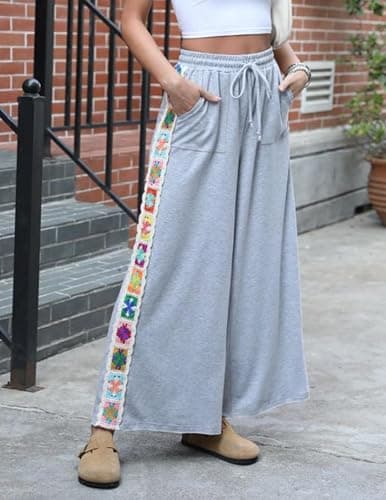 Fenclushy Womens Wide Leg Pants Stretch Casual Drawstring Waist Loose Lounge Sweatpants Crochet Panel Pant with Pocket thumbnail 5