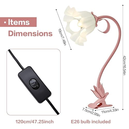 Clip On Light and Flower Bedside Table Lamp, Flexible Gooseneck Reading Book Light with 3 Color Modes, Night Light for Kids Nursery, Clip on for Desk, Bed Headboard, Dorm (Pink) thumbnail 6