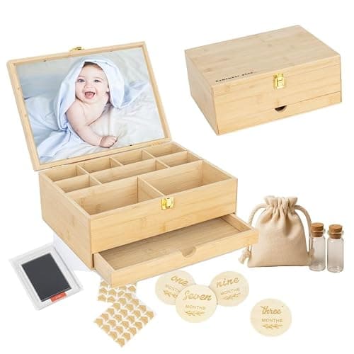 Baby Keepsake Box with 5 Additional Memory Items β Bamboo Memory Box for Baby Girls & Boys β Handprint Kit, Milestone Discs, Photo Corners, Glass Vials, Burlap Bag - Image 1