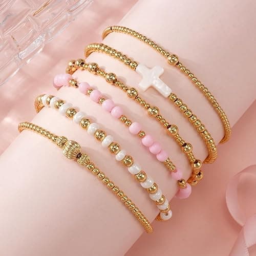 SHINUS BOHO 14K Gold Pearl Beaded Cross Bracelets Stack Set for Women,Stretch Boho Colorful Christian Beads Ball Jewelry Trendy Gift thumbnail 5