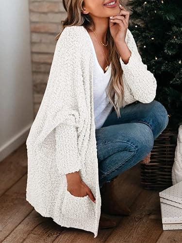 Saodimallsu Women's Chunky Popcorn Cardigan Oversized Open Front Boyfriend Batwing Long Sleeve Fuzzy Knit Sweaters thumbnail 3