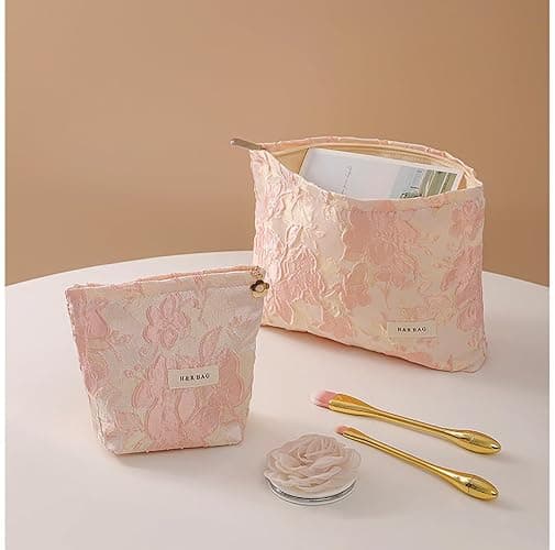 getgto 2 Pcs Makeup Bags, Large Cosmetic Bag Travel Toiletry Bag Organizer for Women, Embroidery Craft, Floral Makeup Bag Small Cosmetic Pouch Purse with Zipper Gifts for Girls Teen thumbnail 7