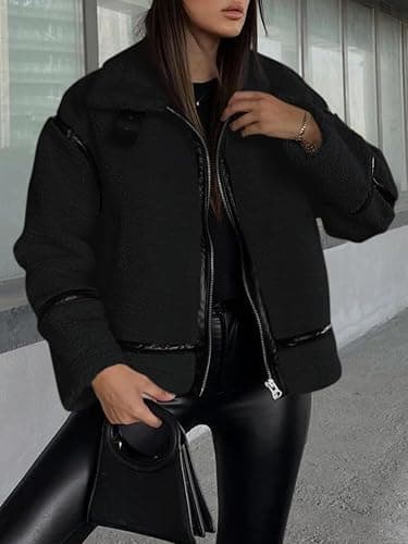 Tankaneo Womens Faux Fur Jackets Winter Trendy Sherpa Moto Leather Patchwork Zip Up Coat thumbnail 6