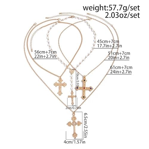 Gold Color Cross Pendant Necklace Set for Women,Dainty Big Crystal Cross Imitation pearl Layered Chain Necklace Summer Party Jewelry thumbnail 6