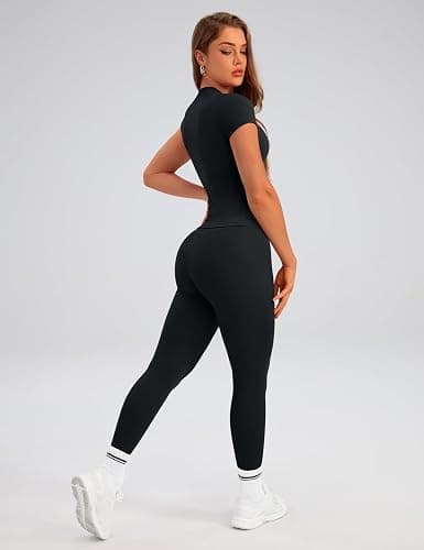 Relety Womens Two Piece Workout Sets Slim Fit Short Sleeve Shirt High Waist Leggings Yoga Outfits Matching Gym Set thumbnail 4