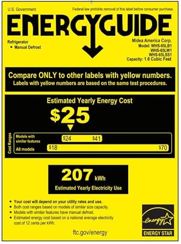 Midea WHS-65LB1 Mini Fridge, 1.6 Cu.ft Energy Star Certified Mini Refrigerator, Adjustable Thermostat, Reversible Door, Low Noise for Dorm, Office, Bedroom, Black thumbnail 8