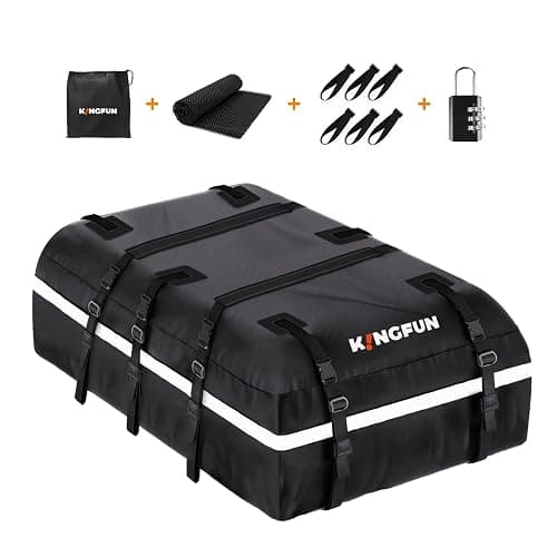 Kingfun Car Rooftop Cargo Carrier – Waterproof 20 Cubic Feet Car Roof Bag Fit All Vehicles with/Without Roof Racks, Includes Anti-Slip Mat, 8 Reinforced Straps & 6 Door Hooks, Luggage Locks（Black） thumbnail 9