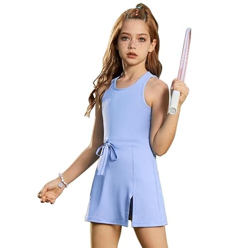Girls Sleeveless Tennis Dress Tank Top Skorts Skirts High Waist Side Slit Outfit Athletic Sets with Shorts Pockets - Image 1