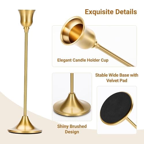 Tifanso Taper Candle Stick Holder - 3PCS Brass Gold Pillar Tall Candlestick Holders Metal Vintage Decor Dinner Table Dining Room Centerpieces Decorations for Wedding Fireplace Mantel Housewarming Gift thumbnail 5