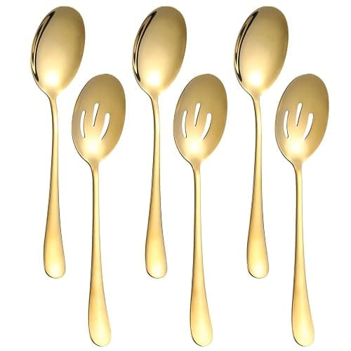 6 Pieces Serving Spoons Set, 8.7 Inch Serving Spoon, Includes 3 Server Spoon and 3 Slotted Spoons, Stainless Steel Buffet Banquet Large Utensils Cutlery Set for Kitchen, Gold - Image 1