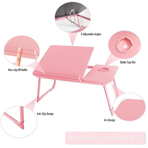 Laptop Desk for Bed Couch, Portable Lap Desk for Laptops, Bed Table for Laptops, Foldable Laptop Stand for Beds, Bed Desk for Writing (Candy Pink) thumbnail 3