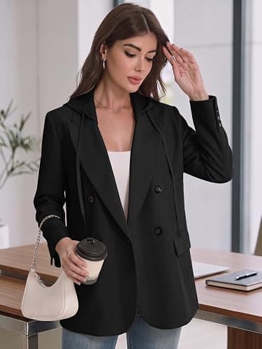 Mina Self 2026 Fall Women's Hooded Blazer Jacket Oversized Business Casual | Long,Double-Breasted,Full-Lined,Open Front,Long Sleeve, Lapel, Dressy Suits,Work Office Outfits With Pocket,Capsule Wardrobe thumbnail 2
