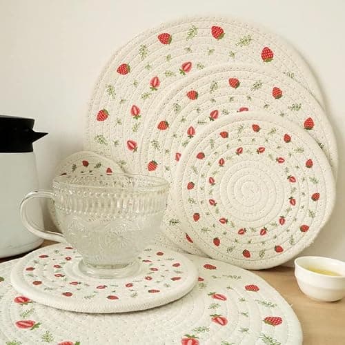 Aertai 3 Pieces Kitchen Pot Holders Set 100% Cotton Thread Weave, Trivet for Hot Pots and Pans, Hot Pads and Spoon Rest for Cooking and Baking by Diameter 7 Inches (Strawberry) thumbnail 2