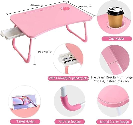Laptop Desk Foldable Bed Table, Portable Lap Desk Laptop Bed Tray Table with Storage Drawer and Cup Holder, Lap TraysTables Notebook Stand Reading Desks Breakfast Tray for Beds Couch Sofa Floor – Pink thumbnail 3