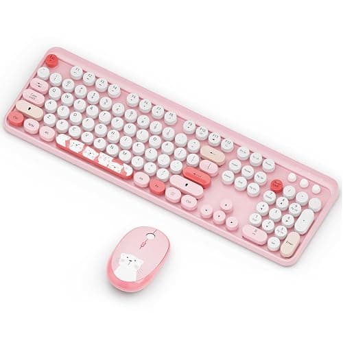 Wireless Keyboard,KOOTOP Cute Colorful 104 Keys Typewriter Retro Round Keycaps Keyboard for PC Laptop,Desktop,Windows, Home and Office Keyboards (Pink) - S300 pink thumbnail 9