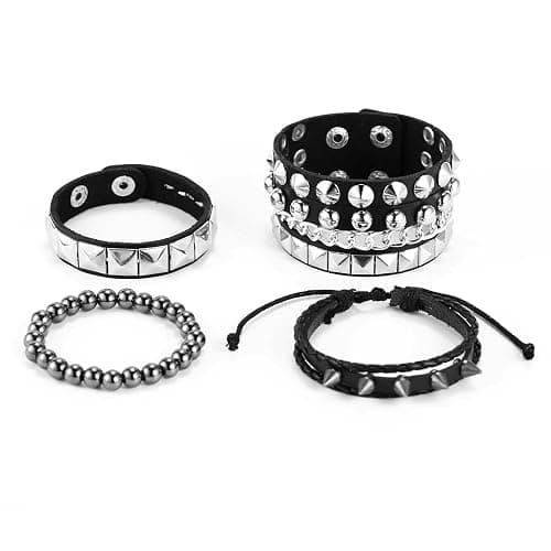 Retro Vintage Emo Goth Y2K Studded Leather Cuff Bracelet Set for Men Women | 4Pcs/Set, Multiple Bangle Wristbands 80s 90s 2000s Punk Rock Concert Jewelry Accessories Street Hip Hop Outfit thumbnail 8