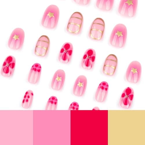 Almond Press on Nails Short Fake Nails Gold Lines Pink False Nails with Flower Designs Glossy Acrylic Nails for Women Girls 24 Pcs thumbnail 4