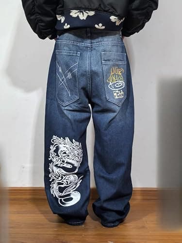 Unisex Y2K Hip Hop Street Jeans Dragon Print Gothic Baggy Jeans Vintage High Waist Denim Jeans Wide Leg Pants thumbnail 5