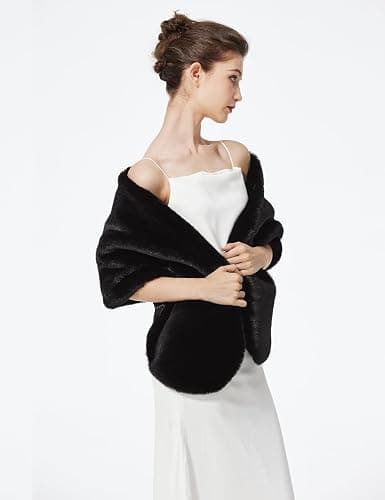 BEAUTELICATE Châle Étole En Fausse Fourrure Cape Boléro De Femme Mariage Hiver Sur Robe de Soirée Mariée Cérémonie Fête Demoiselle d'honneur Grande Taille thumbnail 4