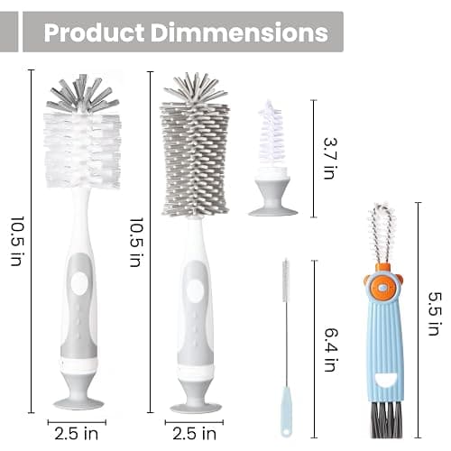 Ariseno 5-in-1 Baby Bottle Cleaner Set, Including Nylon & Silicone Bottle Brush, Cap, Straw & Nipple Brushes, BPA-Free (Grey) thumbnail 2