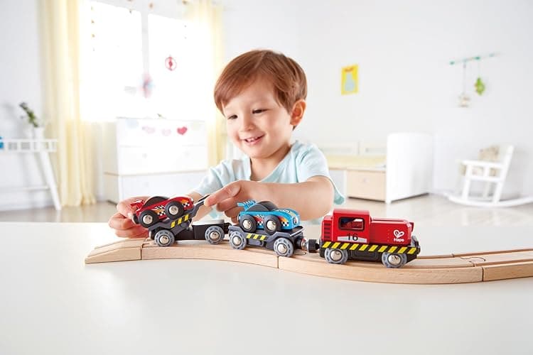 Hape Race Car Transporter | Six-Piece Wooden Toy Train Car Transport Set for Kids thumbnail 2