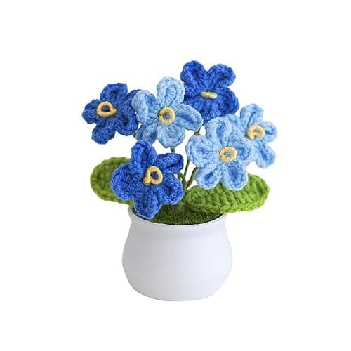 Blync Knitting Crochet Flowers Potted Plants, Fake Forget Me Not Flowers for Friends, Family and Lover, Artificial Handmade Flowers for Birthday Wedding Gift and Home Decor (Gblue) - Image 1