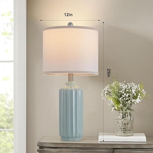 Liyicha Lamp for Living Room Bedroom Lamps Farmhouse Table Lamps Set of 2 Vertical Stripe Ceramic Table Lamp,Linen Shade with Bulb, 25 in High,Light Blue - Light Blue（Set of 2） - 25-inch high thumbnail 7