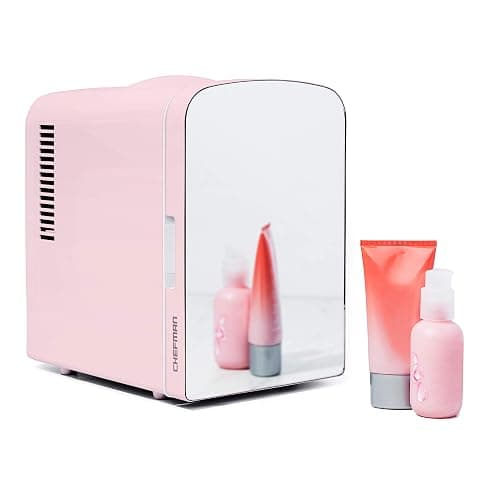 Chefman Portable Mirrored Personal Fridge, 4 Liter Mini Refrigerator, Skin Care, Makeup Storage, Beauty, Serums And Face Masks, Small For Desktop Or Travel, Cool & Heat, Cosmetic Application, Pink - Image 1