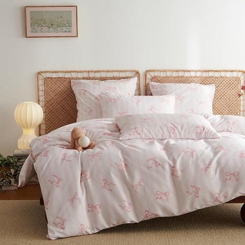Lanqinglv Double Duvet Cover Bedding Set Bow Striped Printed, Super Soft Microfibre Double Duvet Set Cosy Stylish Pink Duvet Cover with 2 Pillowcases, Birthday Gifts for Women Girls thumbnail 2
