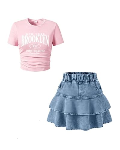 Cakaner Tween Girls Skirt Set Short Sleeve T-Shirt and Ruffle Tiered Denim Skirt Summer Casual 2 Piece Outfit Size 7-14 - Image 1