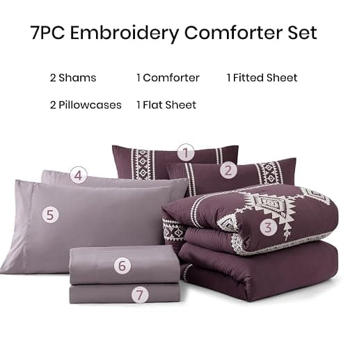 MaiRêve Embroidery Queen Size Comforter Set Purple, Boho Farmhouse Western Bedding Set 7 Pieces, All Season Bed in A Bag Comforter Set with Sheets, Pillowcases & Shams thumbnail 7