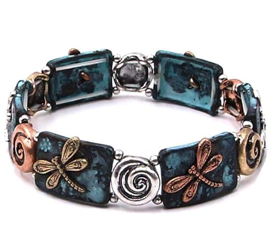 DianaL Boutique Dragonfly Embossed Metal Stretch Bracelet Charm Patina Finish - Image 1