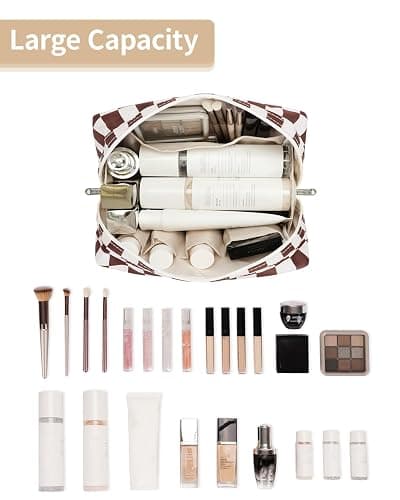 Narwey Checkered Makeup Bag Travel Cosmetic Bag Organizer Toiletry Bag Make Up Bags with Compartments for Women Girls (Large, Dark Checkerboard) thumbnail 2