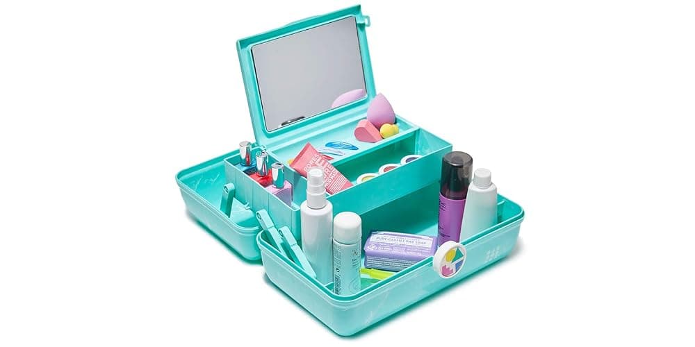 Caboodles On-The-Go Girl Makeup Box, Turquoise on Marble, Hard Plastic Makeup Organizer Box, Built-In Mirror, Secure Latch for Safe Travel, Spacious Storage for Large Items thumbnail 2