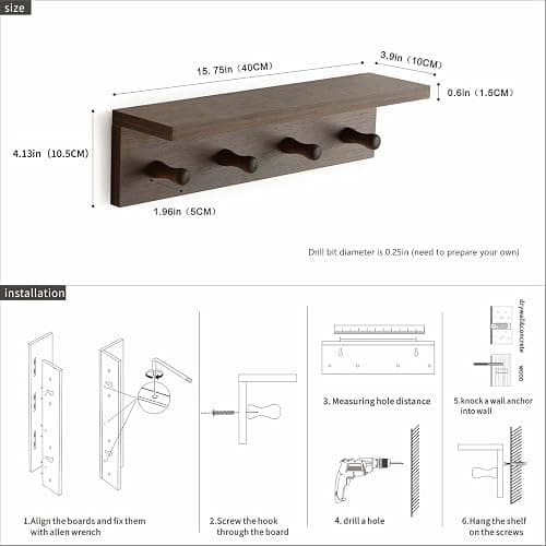 XAOMLP Entrance Coat Rack ，Coat Hooks, Wall-Mounted Wooden Hook Rack, Wall-Mounted Shelves are Very Suitable (Walnut Colored Finish-1) thumbnail 2